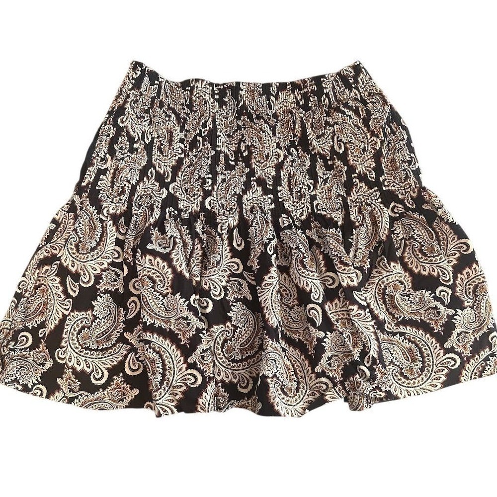 Anthropologie Smocked Waist Paisley Print Mini Skirt XS Black Brown Boho Peasant