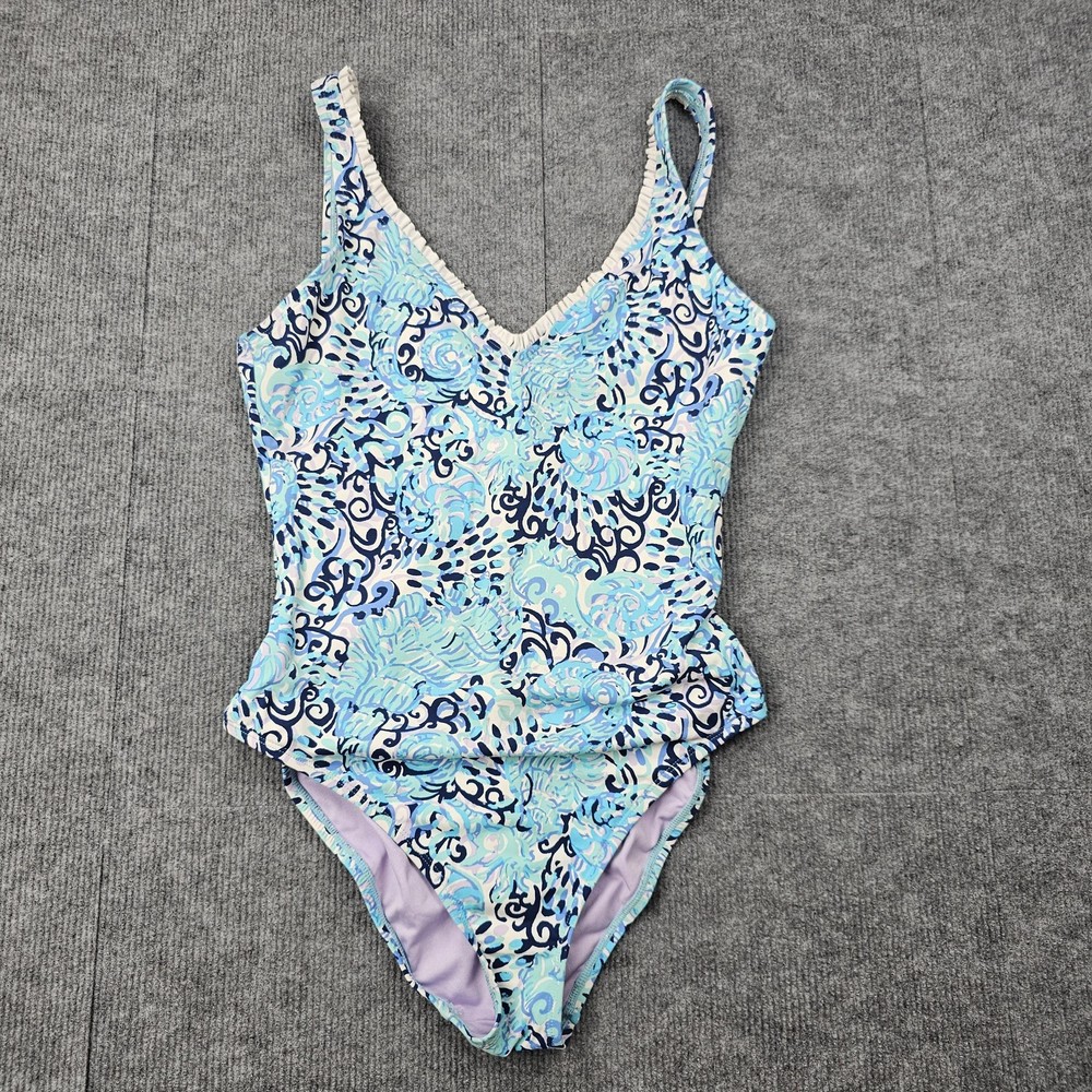 Lilly Pulitzer Araza Swimsuit Womens 10 Blue One Piece Ruffle Trim Ruched Floral