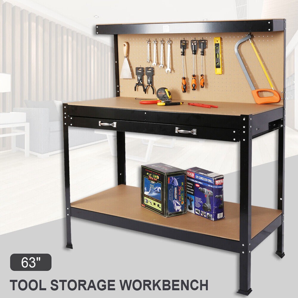 55-63 Inch Heavy Duty Workshop Table with Storage Drawers, Shelves & Pegboard for Garage Organization