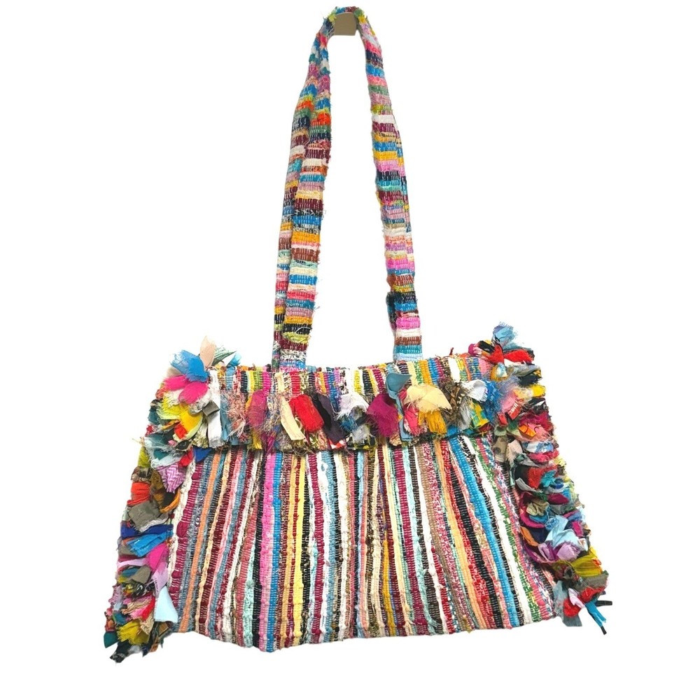 RARE Boho Colorful Woven Shoulder Bag Purse Multi Color Fringe Tote Handmade Rug