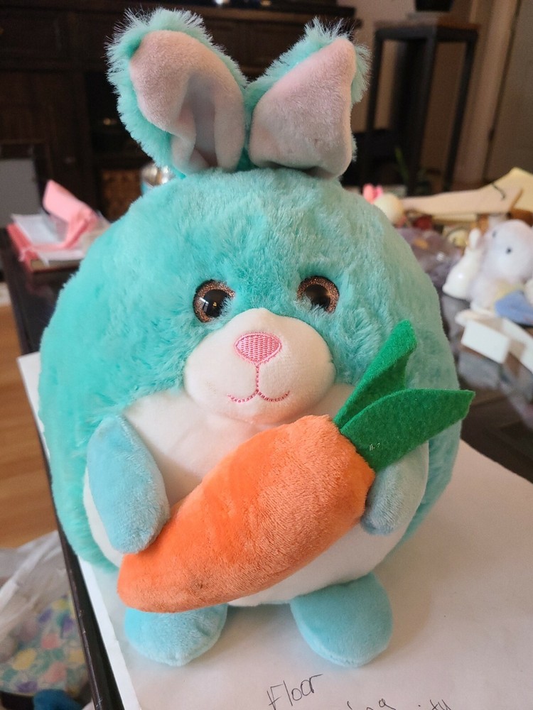 Easter Bunny Plush Blue Round Rabbit With Carrot Stuffed Animal Toy Lovey