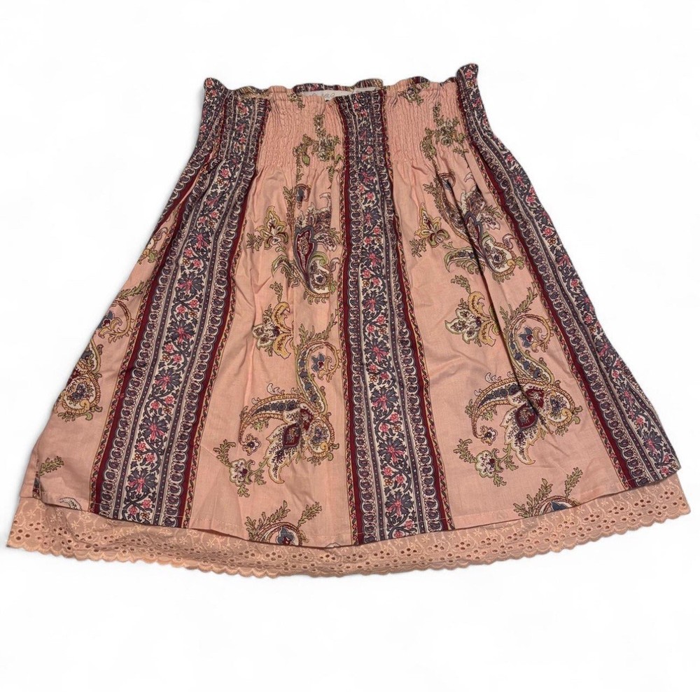 VTG Y2K Charlotte Russe Boho Mini Skirt Size 7 Pink Paisley Smocked Waist Lace Hem