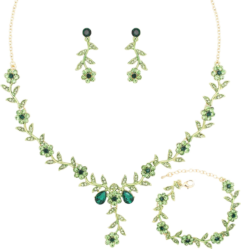 Flower Leaf Crystal Pendant Necklace Dangle Earrings Link Bracelet Bride Bridesm