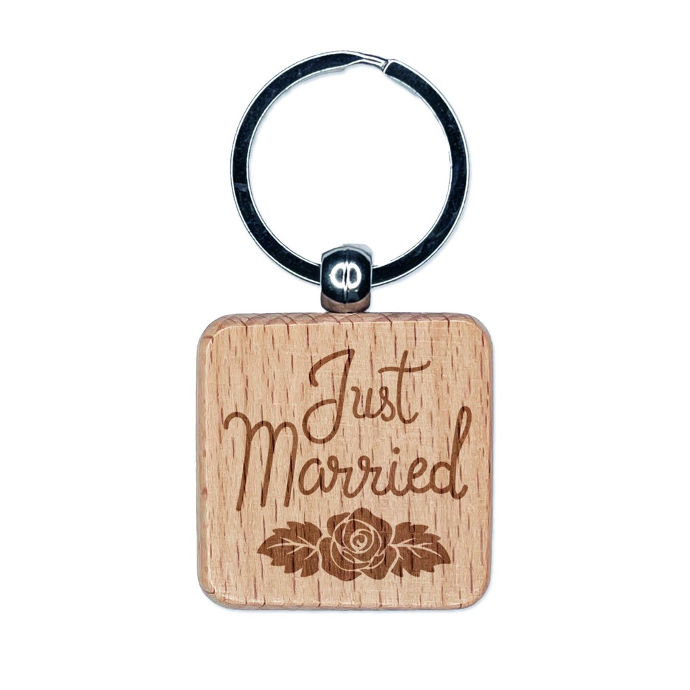 Just Married Wood Keychain with Floral Engraved Square Charm
