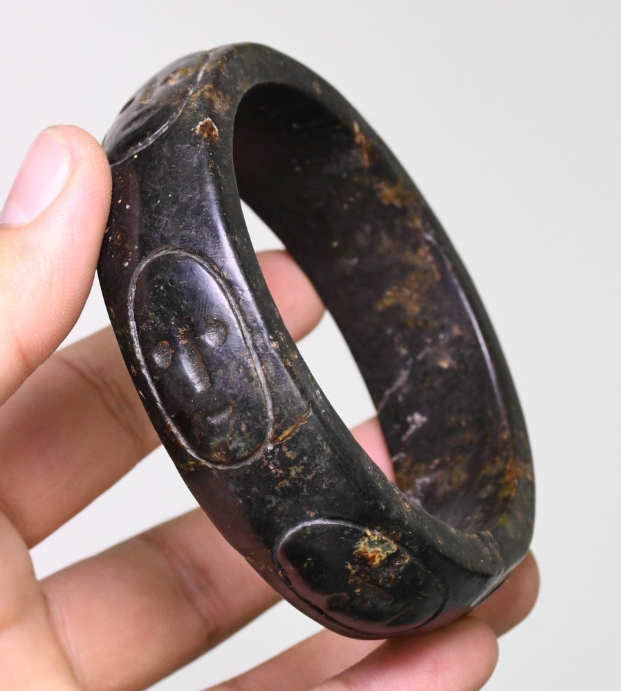 8CM Ancient Hongshan Culture Jade Carved Face Head Bracelet Bangle