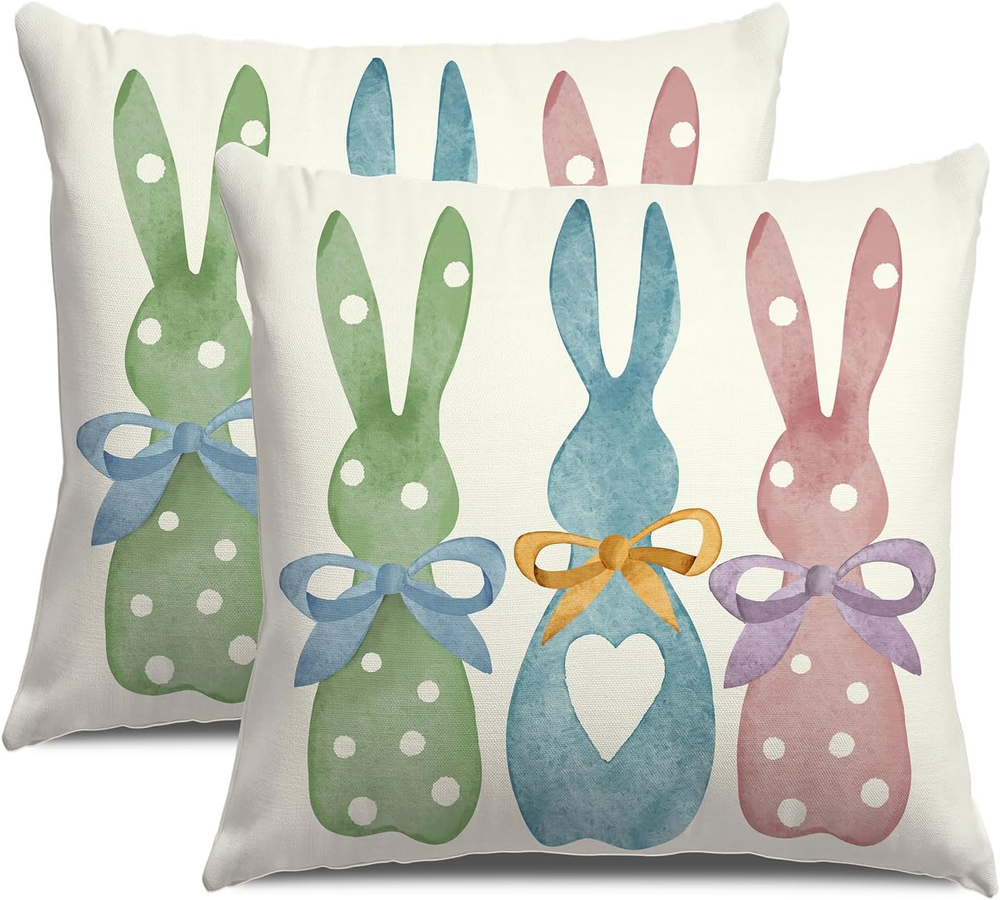 Colorful Polka Dot Bunny Easter Pillow Covers Set of 2 18X18 Inch