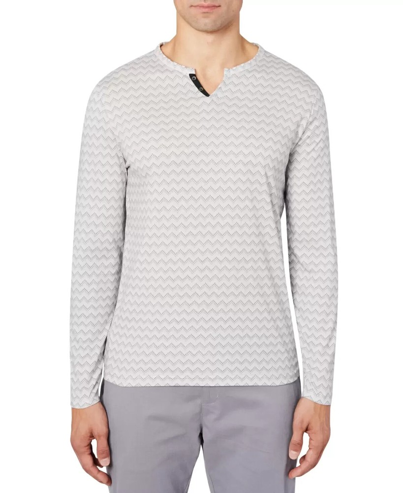 Tallia Men's Slim-Fit Stretch Textured Chevron-Print Long-Sleeve Henley, Gray, M