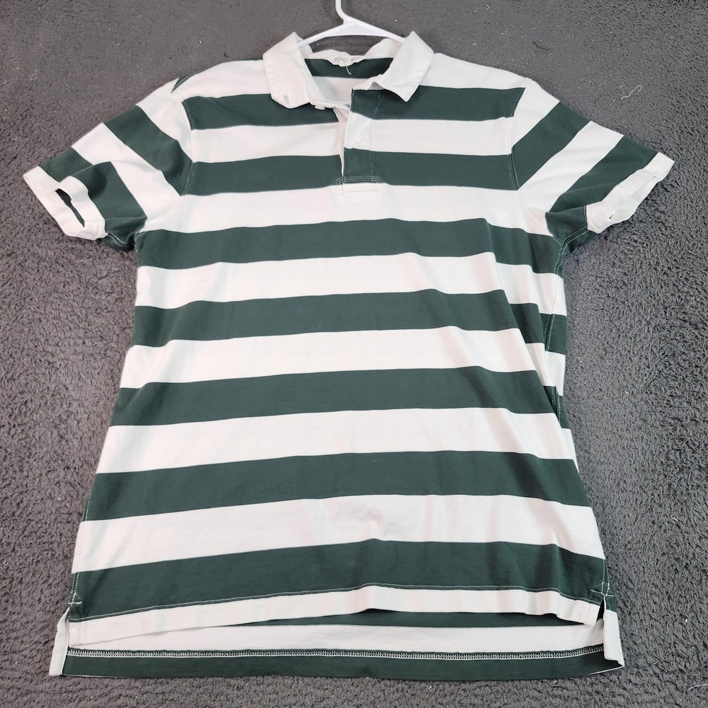 J.Crew Knit Goods Polo Shirt Mens XL Green White Stripe Rugby Short Sleeve