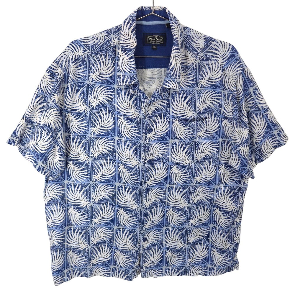Nat Nast Shirt Mens XL Blue Hawaiian Geometric Silk Blend Short Sleeve Button Up