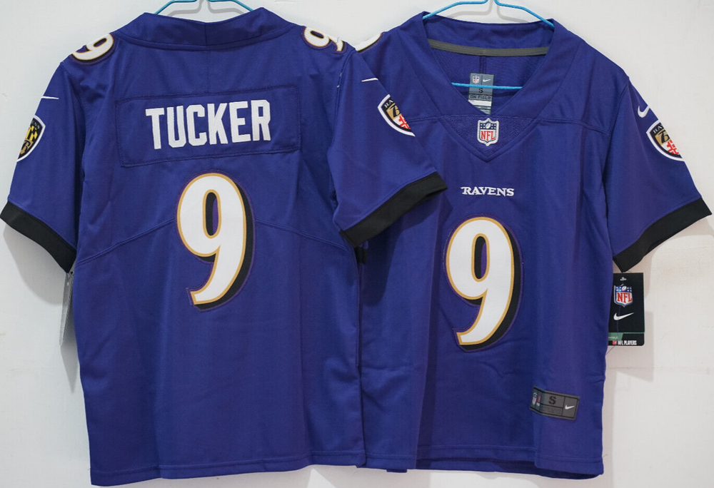 YOUTH'S Justin Tucker #9 Ravens Vapor Purple Sewn Stitched Jersey.