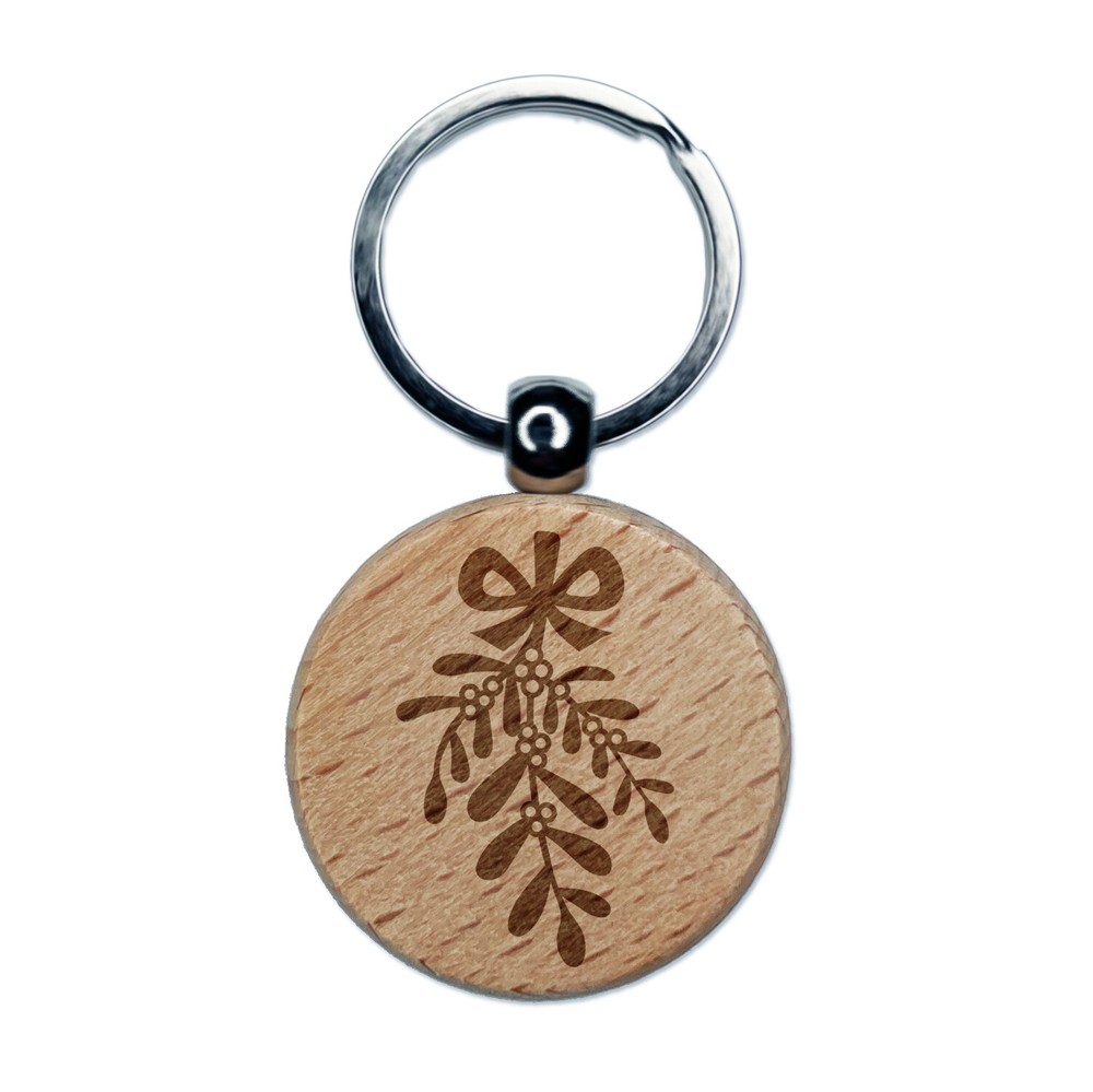 Mistletoe Merry Christmas Xmas Engraved Wood Round Keychain Tag Charm