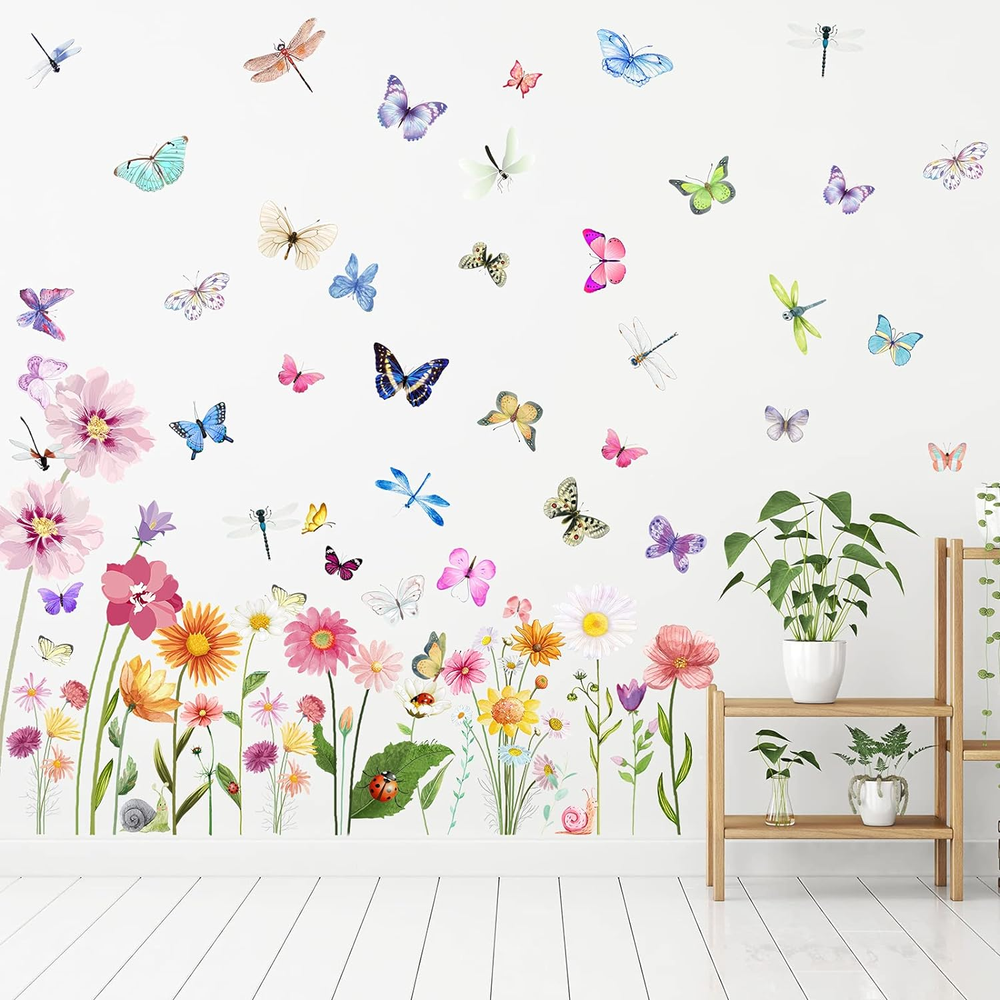 Flowers Butterflies Wall Decals Chrysanthemums Dragonflies Rose Botanical Wall S
