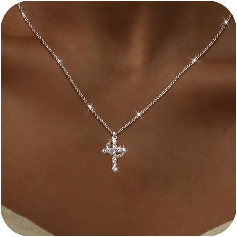 Christmas Gift Crown Cross Necklaces for Women Non Tarnish Dainty 14K Gold/Silve