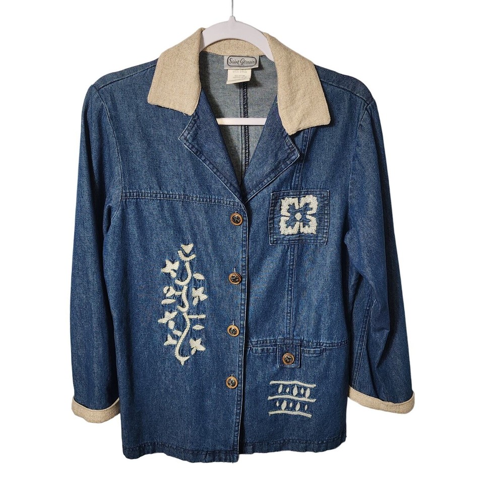 Vintage Saint Germain Paris Cotton Flax Embroidered Jean Jacket S Cottagecore