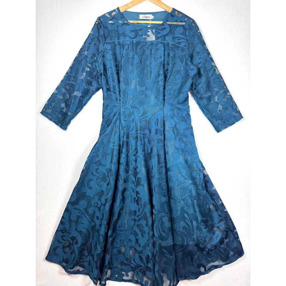 YISO Plus Size Teal Lace 3/4 Sleeve Fit Flare Semi Formal Dress 5XL