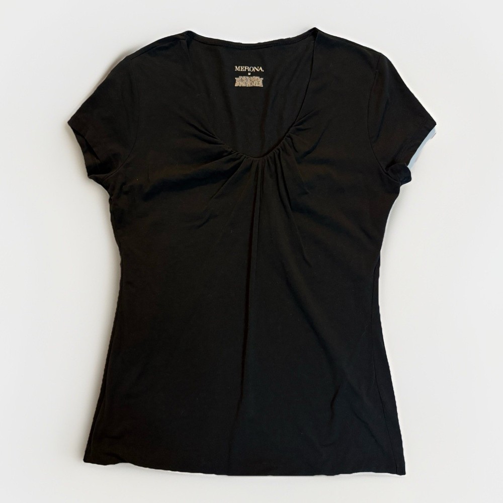 Merona Women Size M T-Shirt Gathered V-Neck Solid Black Short Sleeve