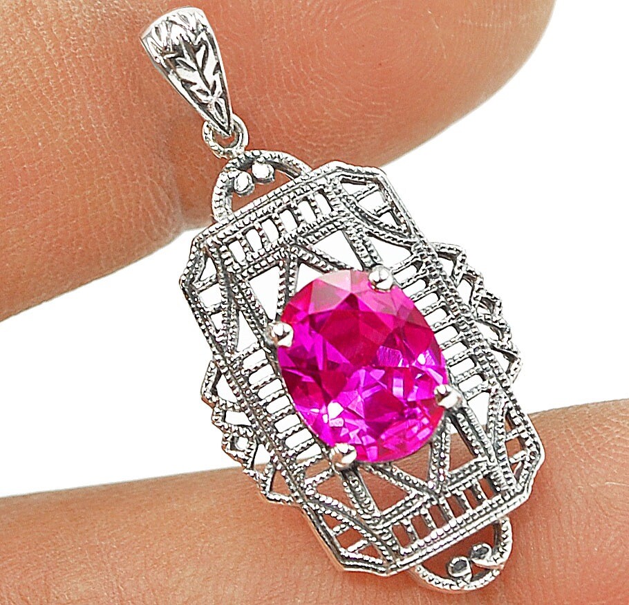 2CT Treated Pink Sapphire 925 Sterling Silver Victorian Style Pendant Y1870