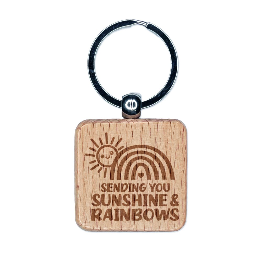 Sending You Sunshine and Rainbows Engraved Wood Square Keychain Tag Charm