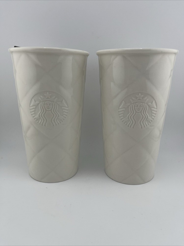 Lot Of 2 STARBUCKS 2012 Quilted White Siren Ceramic TumblerTravel Mug 10oz 1-lid
