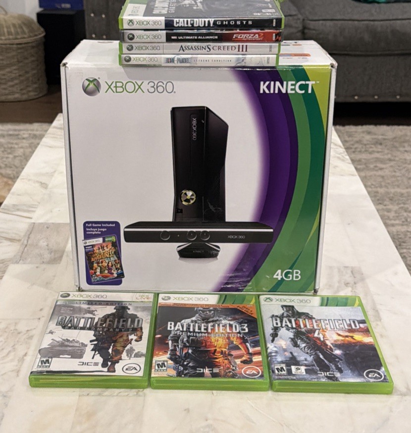 Microsoft Xbox 360 S 4GB Console 1439 Black Bundle Controller 7 Games CIB