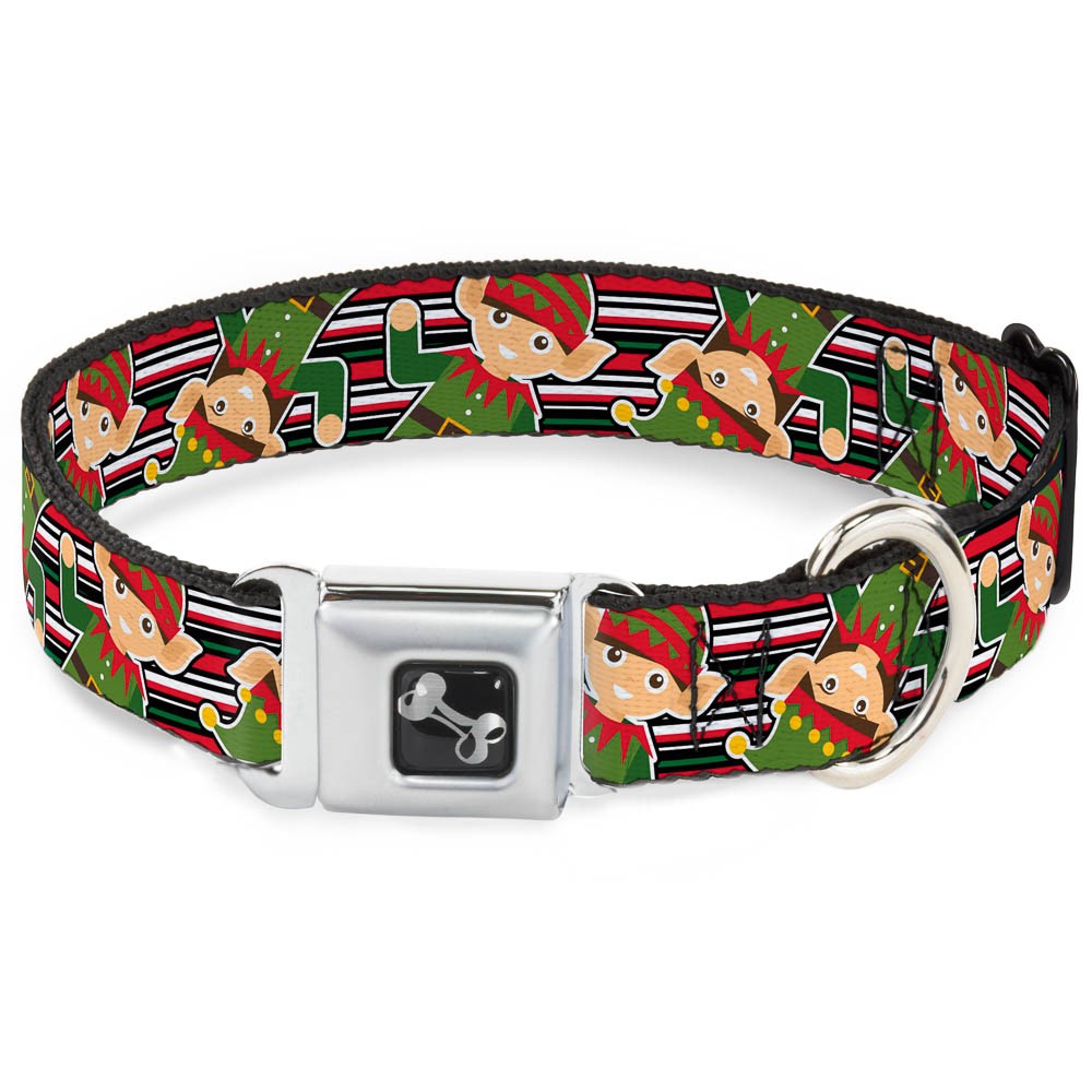 Dog Collar Bone Christmas Elves/Stripes Black/Red/White/Green Large 15-24