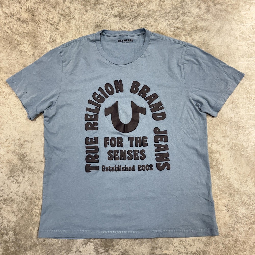 True Religion Shirt Mens 2XL Blue Graphic Horseshoe For The Senses Tee Est 2002