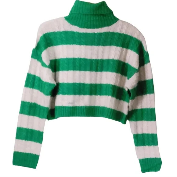 Retro Turtleneck Cropped Long Sleeve Sweater Green Beige Striped S Small