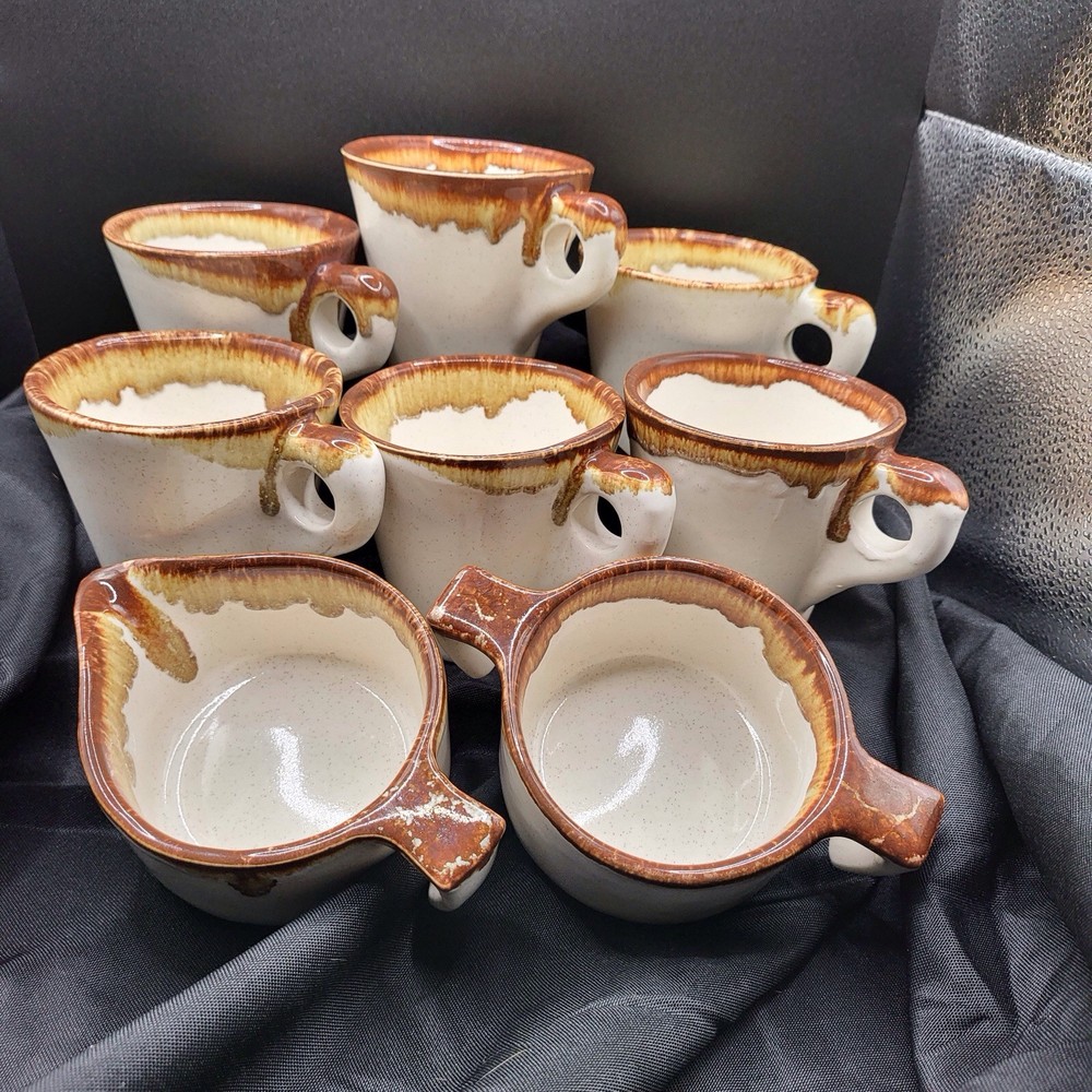 Pfaltzgraff USA 8-Piece Stoneware Coffee Set with Mugs Sugar Creamer in White Brown Drip