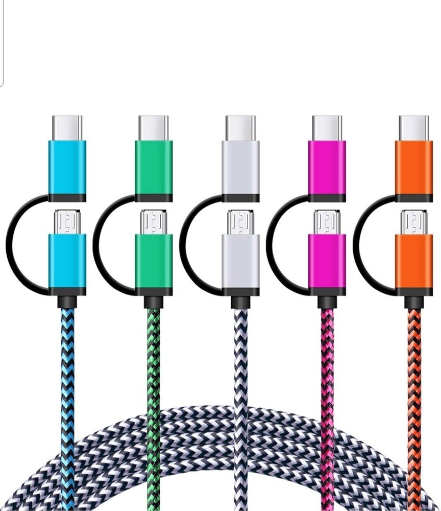 5-Pack 6ft USB C to Micro USB & Type C 2-in-1 Nylon Braided Fast Charging Cables