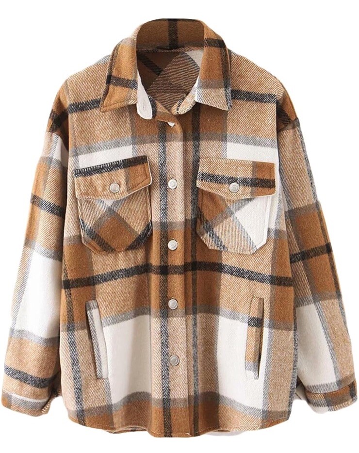 Lviefent Women's Casual Wool Blend Plaid Flannel Shirt Size Large in Khaki