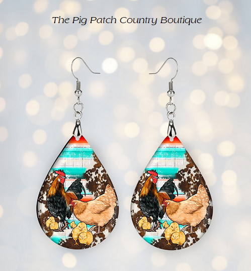 Farm Chicken Western MDF Teardrop Dangle Fishhook Earrings with Free Shipping