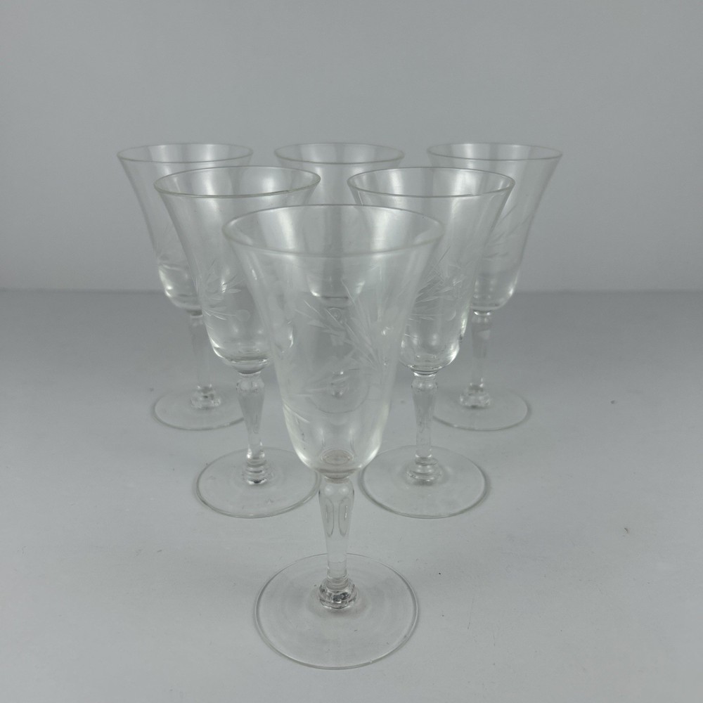Set of 6 Vintage Etched Crystal Wine Glasses Floral Design Clear Stemware 5”