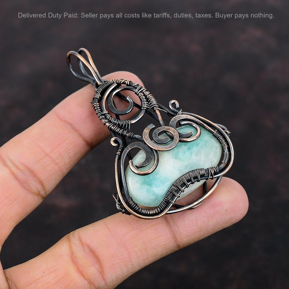 Christmas Sale Copper Oval Natural Amazonite Sister Wire Wrapped Pendant Jewelry-image