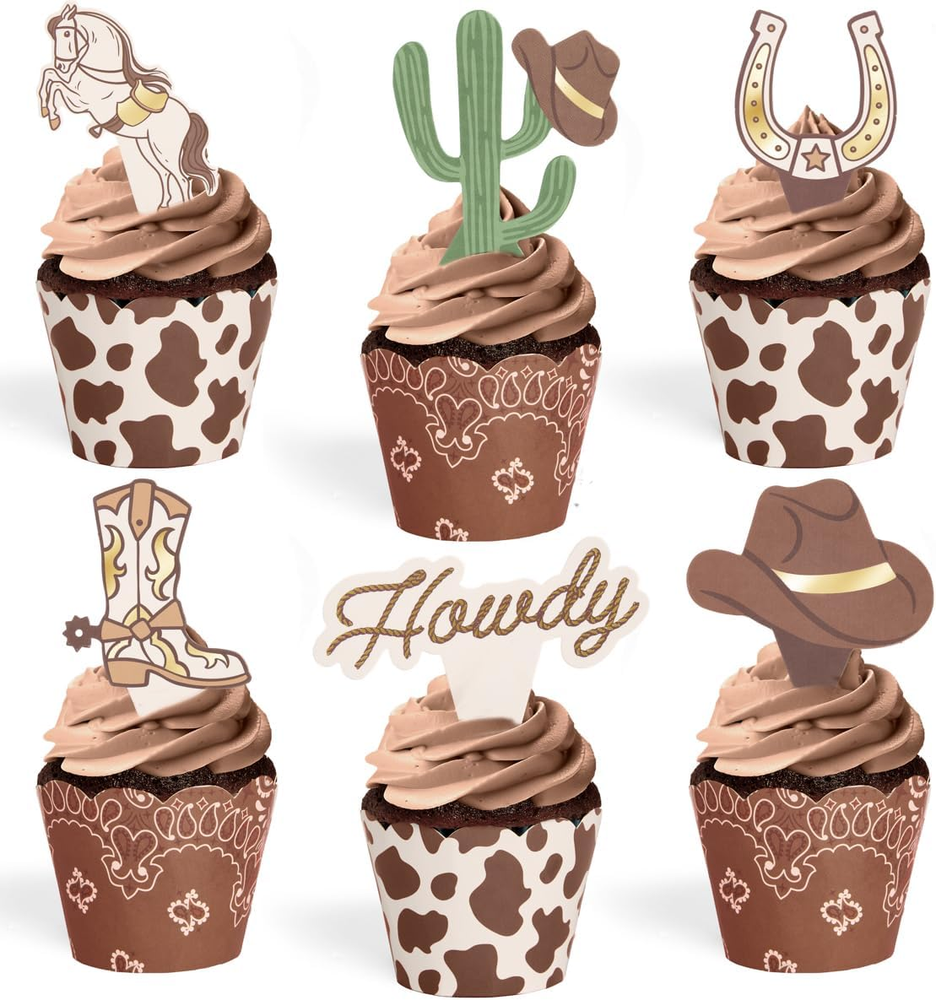 Western Cupcake Liners + Toppers - Set of 24 | Rodeo Birthday Cake Decoration, H