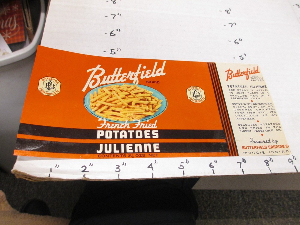 BUTTERFIELD 1930s French fries julienne potatoes vintage metal tin can with paper food label