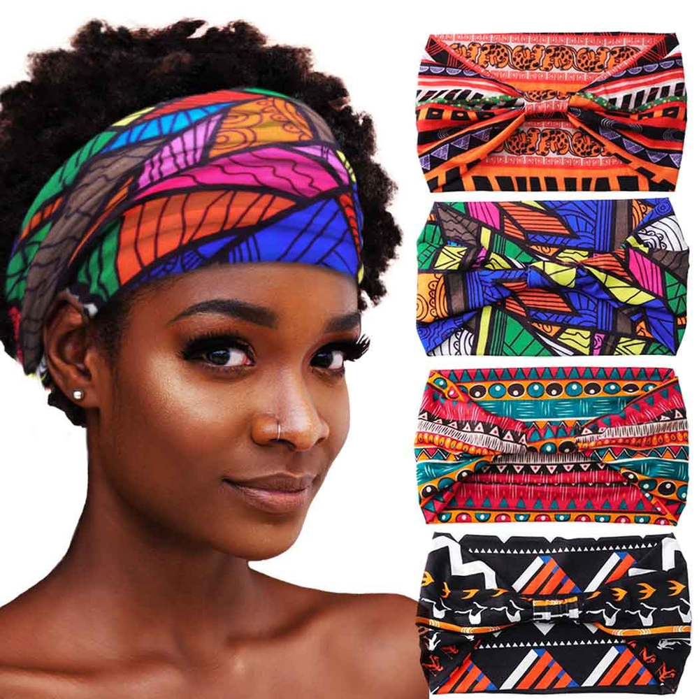 Boho African Stretch Knotted Headbands Wide Hair Wraps Pack of 4