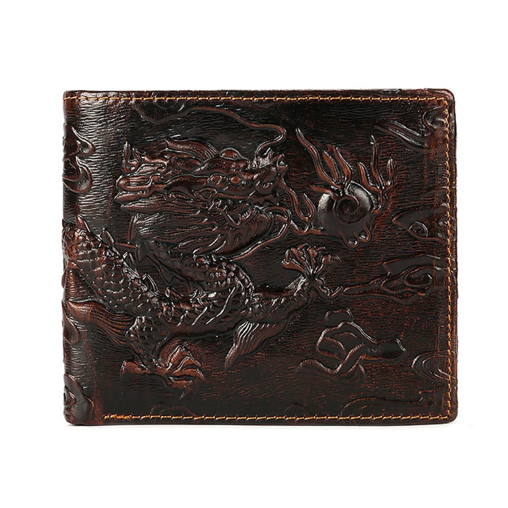 Dragon Brown Genuine Cowhide Leather Bifold Wallet for Men Travel Purse