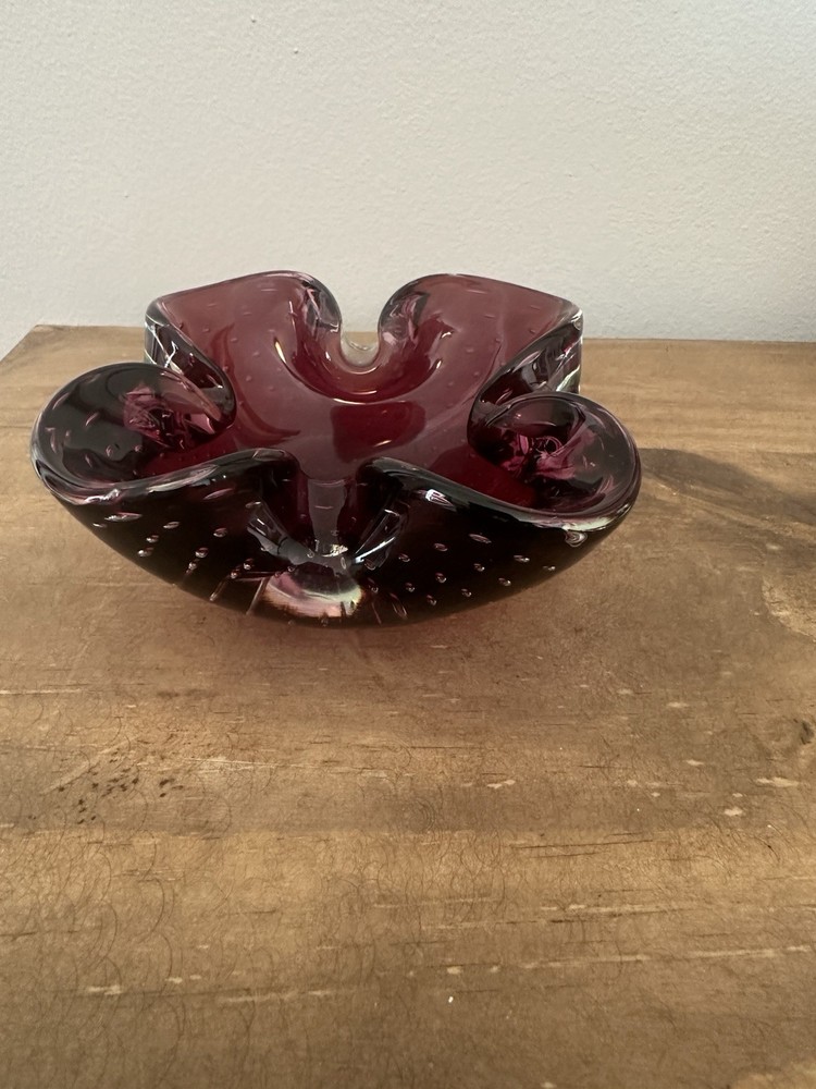 VTG Murano Art Glass Purple Cranberry Controlled Bubble Trinket Dish Ashtray 4”W
