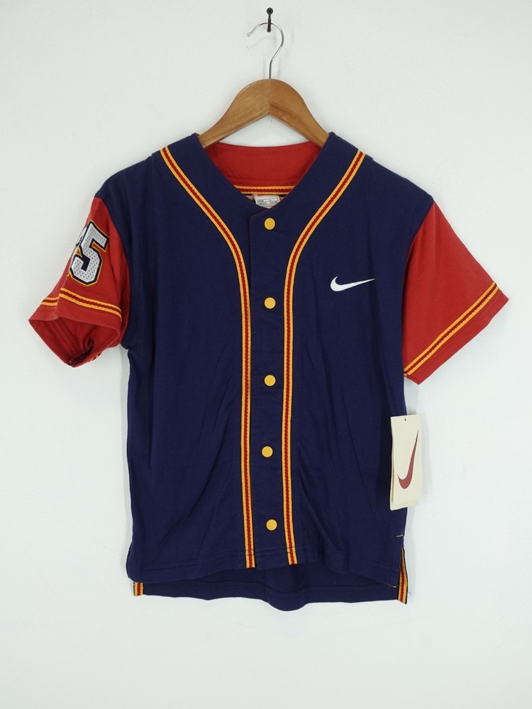 Vintage Nike Baseball Jersey Kids Medium Blue Red 25 Snap Button Up Deadstock