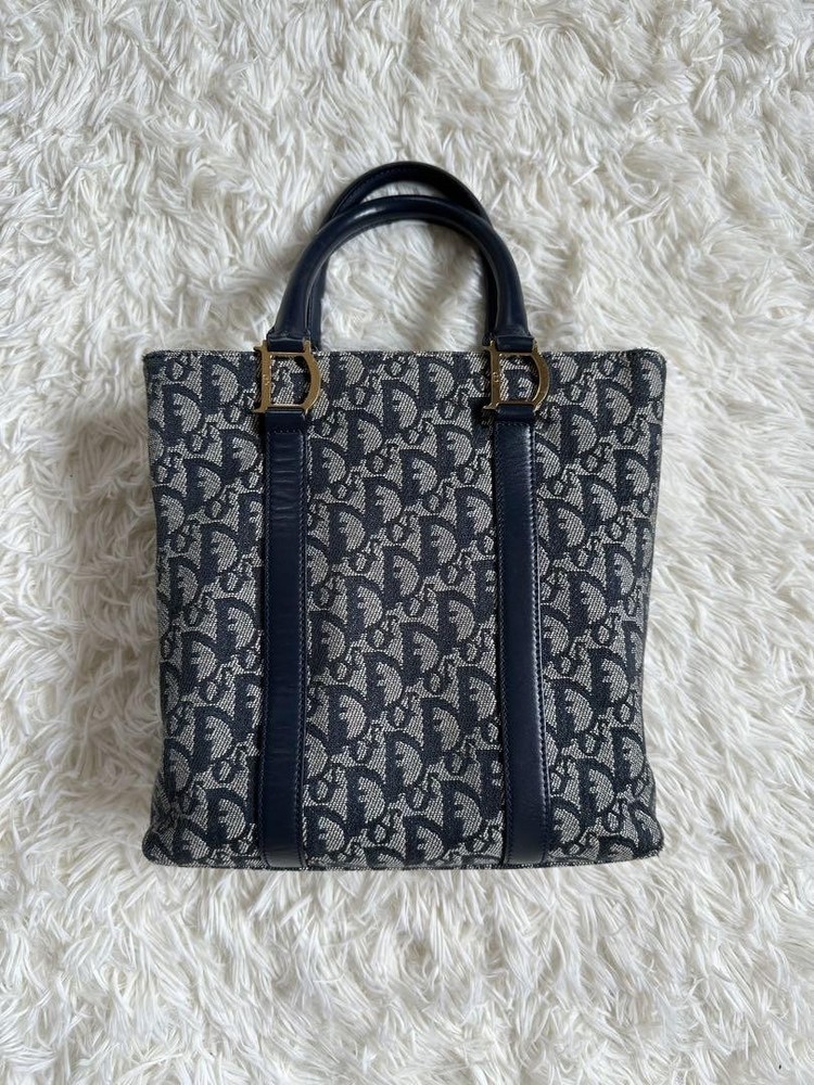 Christian Dior Trotter Tote Bag Jacquard Canvas Navy Used
