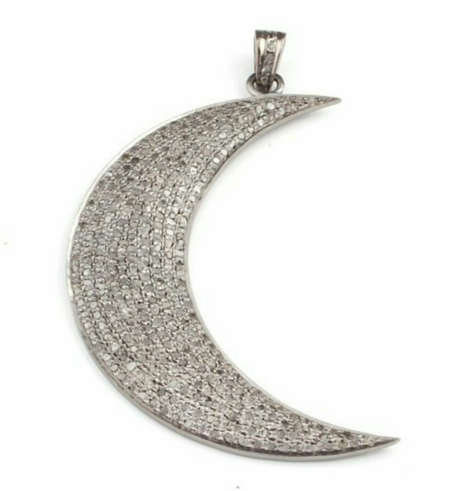 Pave Diamond Moon Pendant 925 Silver Crescent Moon Pendant Good Luck Charm.