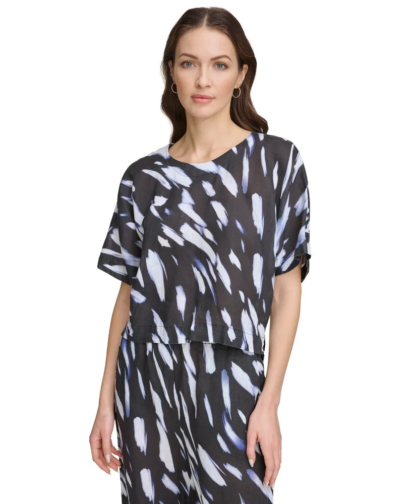 DKNY Women's Top Sz L Printed Linen Drop-Shoulder Short-Sleeve