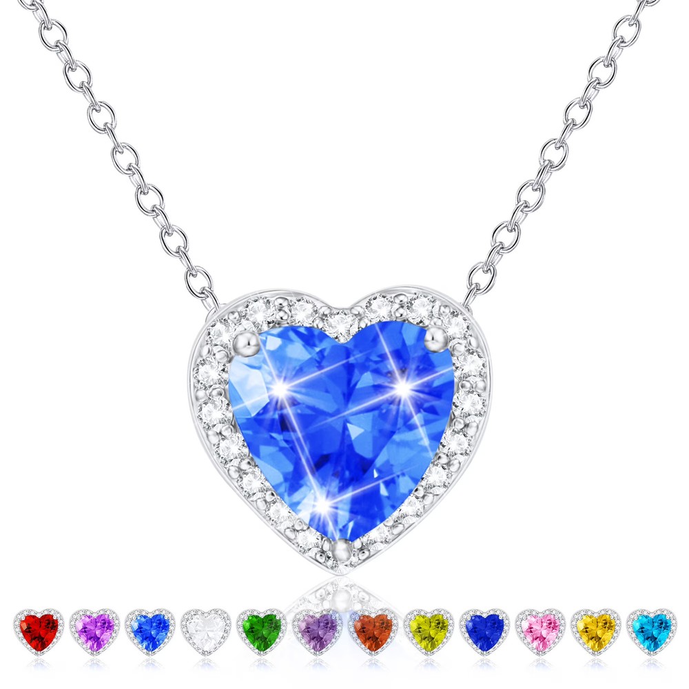 S925 Sterling Silver Heart Necklace CZ Birthstone birthday Gift  for mum,her