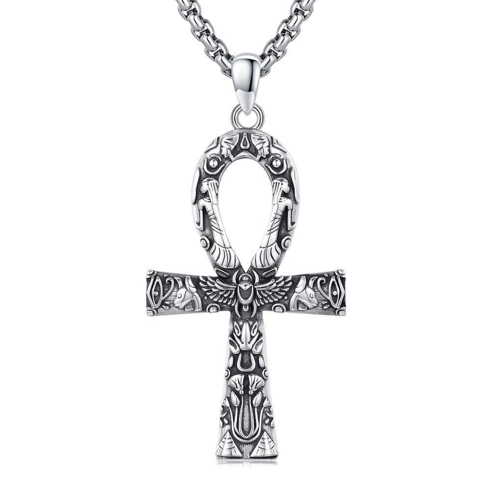 Men Women 925 Sterling Silver Ankh Necklace Egyptian Cross Pendant Amulet Jew...