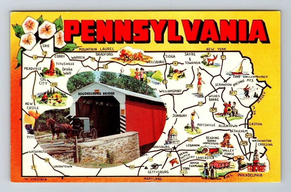 PA-Pennsylvania, View Map, Landmarks, Covered Bridge Vintage Postcard