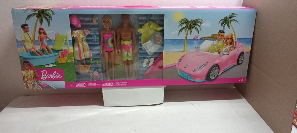 BARBIE and KEN DOLLS PINK CONVERTIBLE CAR and POOL PLAYSET TARGET FACTORY SEALE