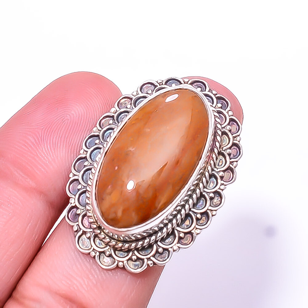 Red And Yellow Jasper - Indonesia Fine Art Oxidised 925 Silver Ring S.8 R65
