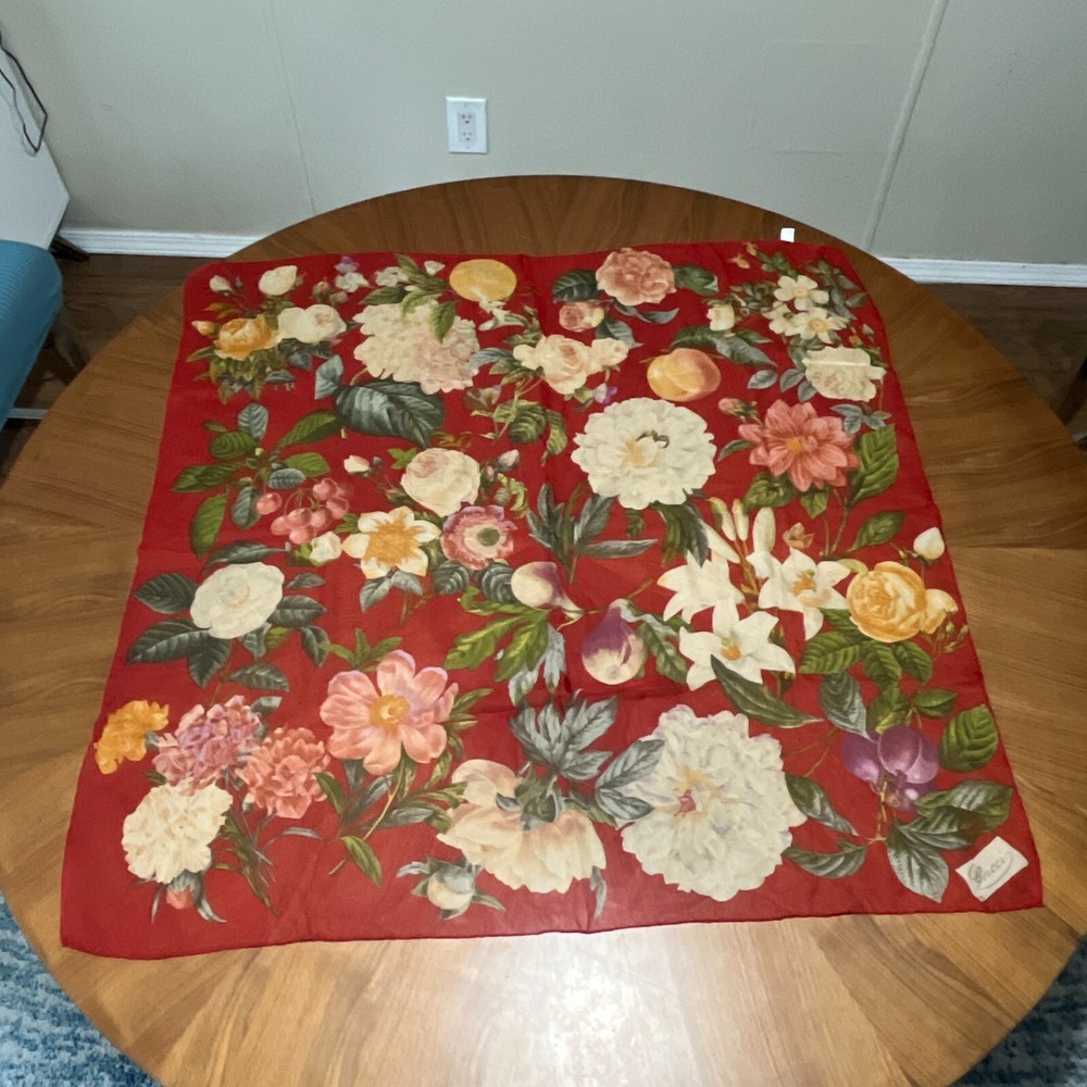 Gucci Vintage 1960s Silk Scarf 33x33 Red Floral Botanical Fruit Italy