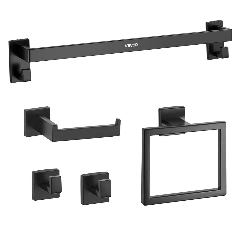 24-inch Towel Bar Rack 2 Robe Hooks Toilet Paper Holder Matte Black Bathroom Set