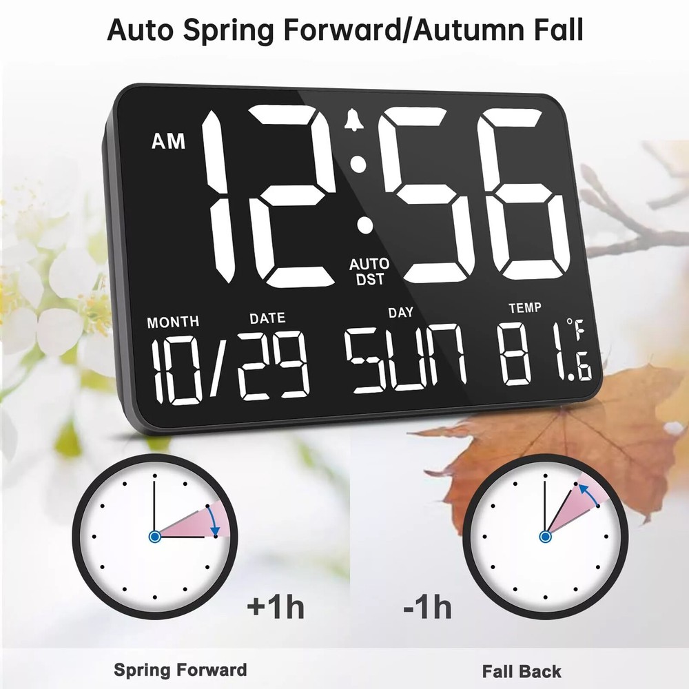 Large Display Digital Wall Calendar Clock with Date Day of Week Alarm White